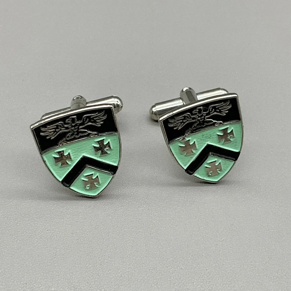 Vintage Heraldic Crest Shield Eagle Cufflinks Silver Tone Green Enamel